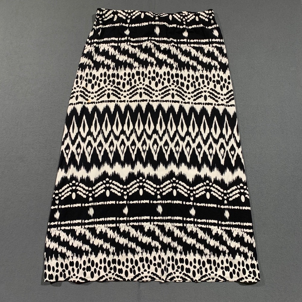 Chicos Black White Ikat Geometric Maxi Skirt Stretch‎ Elastic Waist Size 2 Large